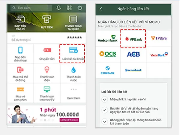 Minh họa liên kết số thẻ ngân hàng với ví điện tử Momo của VPBank