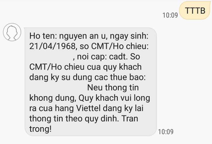 cach thuc gui tin nhan kiem tra thong tin thue bao qua cmnd tren mang viettel 1