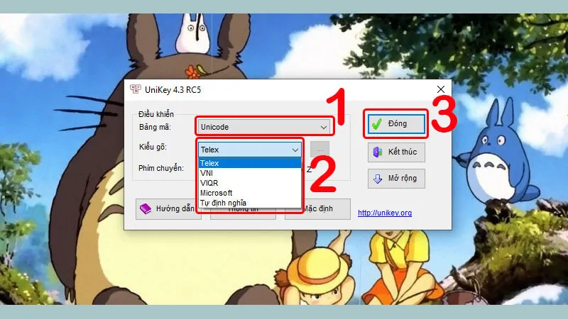 Giao diện bảng điều khiển Unikey để thiết lập bảng mã và kiểu gõ tiếng Việt