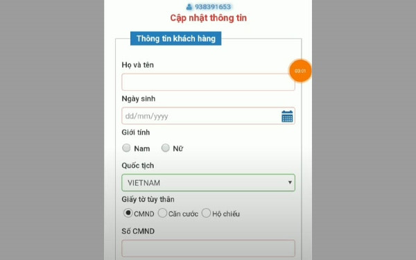 Form điền thông tin cá nhân đầy đủ để đăng ký sim chính chủ online