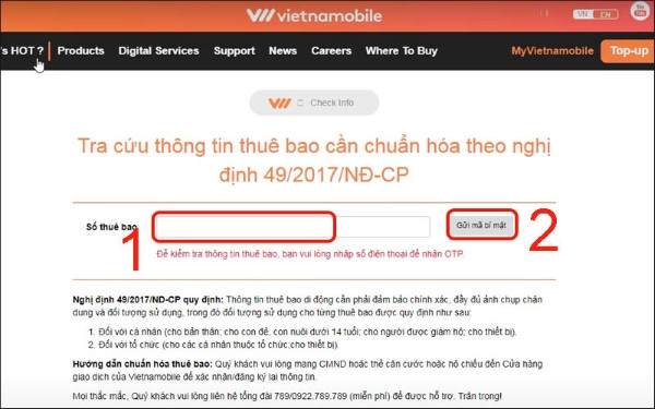 Giao diện nhập số điện thoại trên website Vietnamobile để nhận mã bí mật