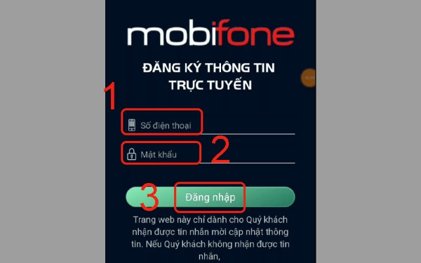 Giao diện nhập số điện thoại và mật khẩu trên website Mobifone để đăng ký sim chính chủ