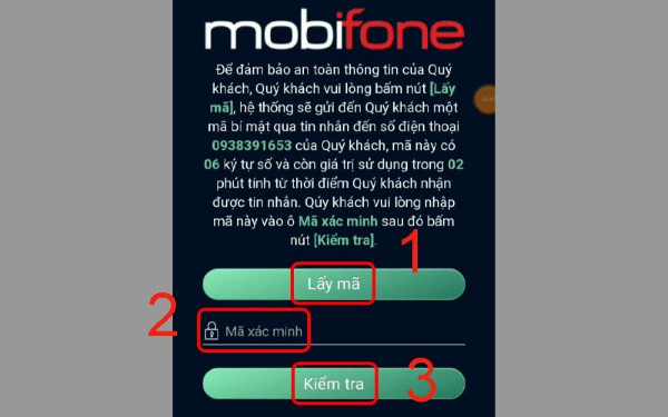Nhập mã xác minh OTP để tiếp tục quy trình cập nhật thông tin sim Mobifone