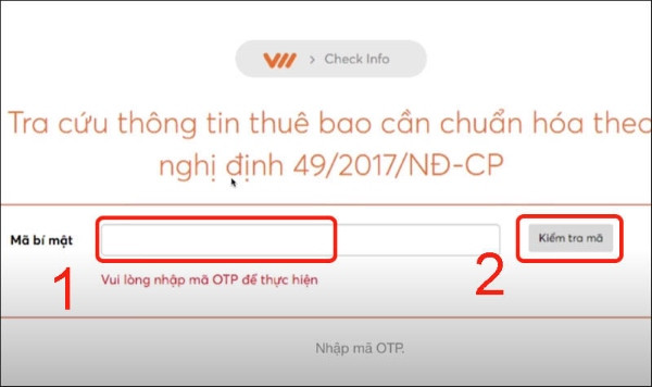 Nhập mã xác nhận để kiểm tra thông tin sim trên website Vietnamobile