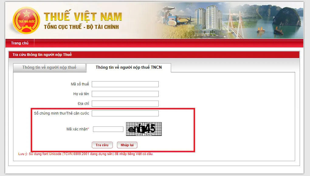 Màn hình nhập thông tin số Căn cước công dân và mã xác nhận để tra cứu mã số thuế.