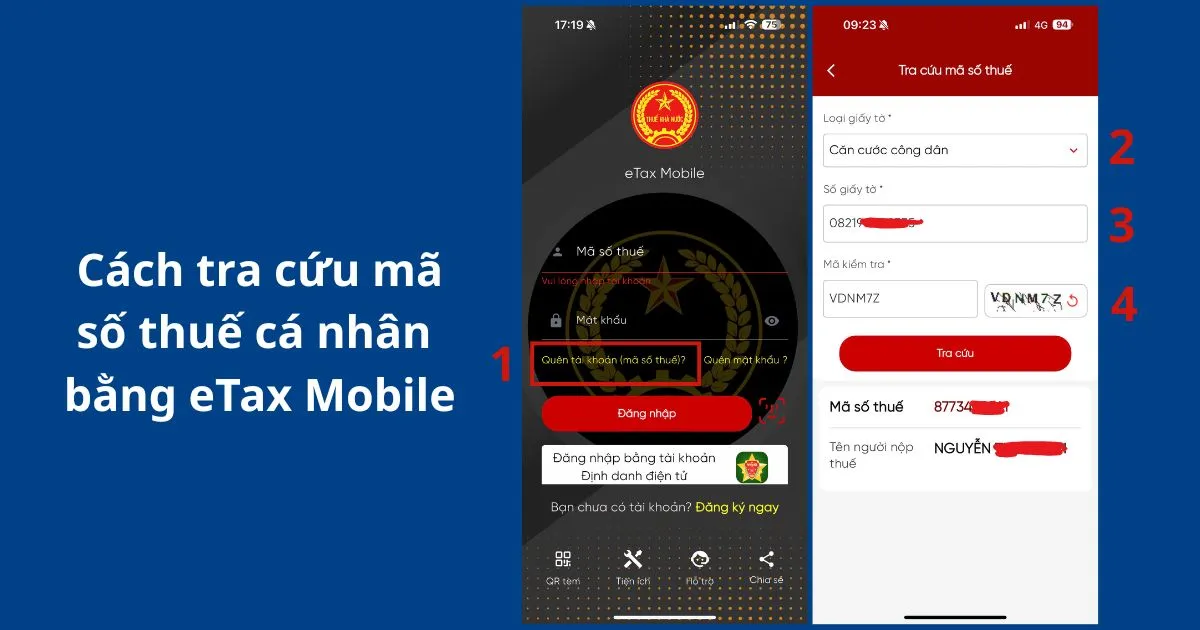 Màn hình tiện ích tra cứu MST cá nhân trên app eTax Mobile