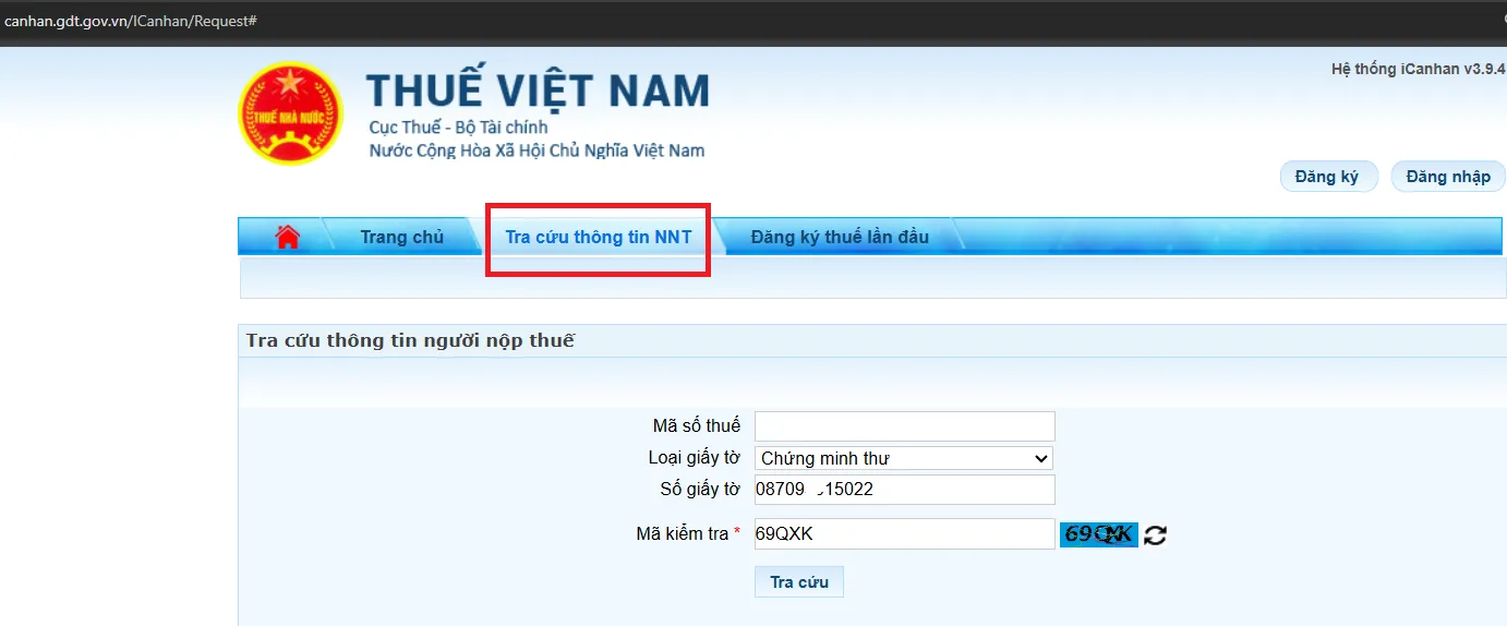 Điền thông tin CMND/CCCD để tra cứu mã số thuế cá nhân trực tuyến
