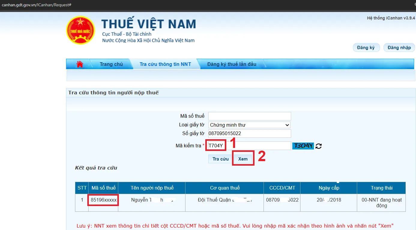 Kết quả tra cứu mã số thuế cá nhân hiển thị thông tin người nộp thuế