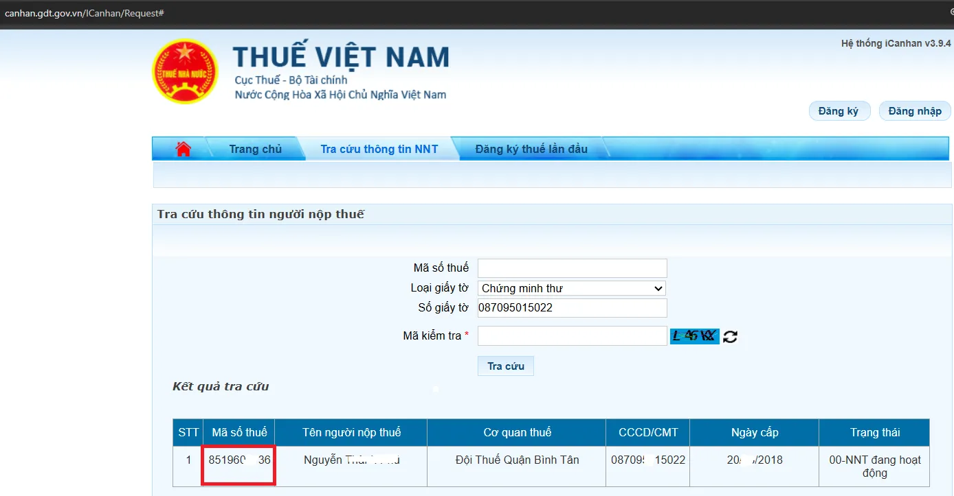 Xác nhận mã kiểm tra để hiển thị đầy đủ mã số thuế cá nhân