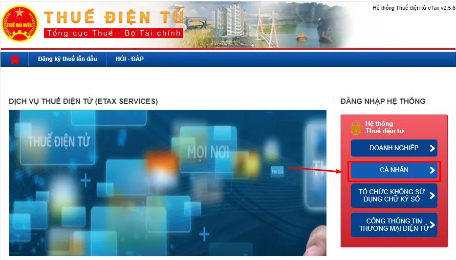 Hướng dẫn chi tiết kê khai thuế hộ kinh doanh trên HTKK online 1 Giao diện đăng nhập hệ thống thuế điện tử, chọn phân hệ Cá nhân