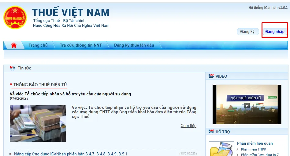 Hướng dẫn chi tiết kê khai thuế hộ kinh doanh trên HTKK online 2 Nút Đăng nhập trên giao diện hệ thống thuế điện tử