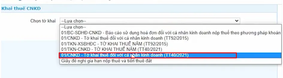 Hướng dẫn chi tiết kê khai thuế hộ kinh doanh trên HTKK online 4 Danh sách các loại tờ khai thuế, chọn tờ khai 01/CNKD dành cho cá nhân kinh doanh