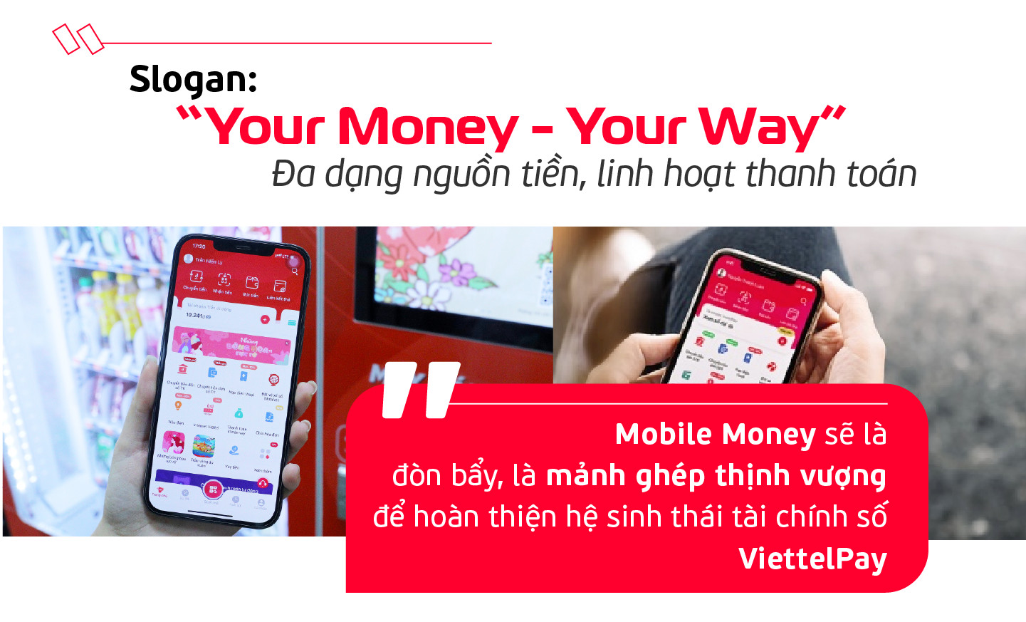 Hình ảnh hai người đang xem điện thoại với giao diện ứng dụng Viettel Money, tượng trưng cho tính năng ngân hàng số