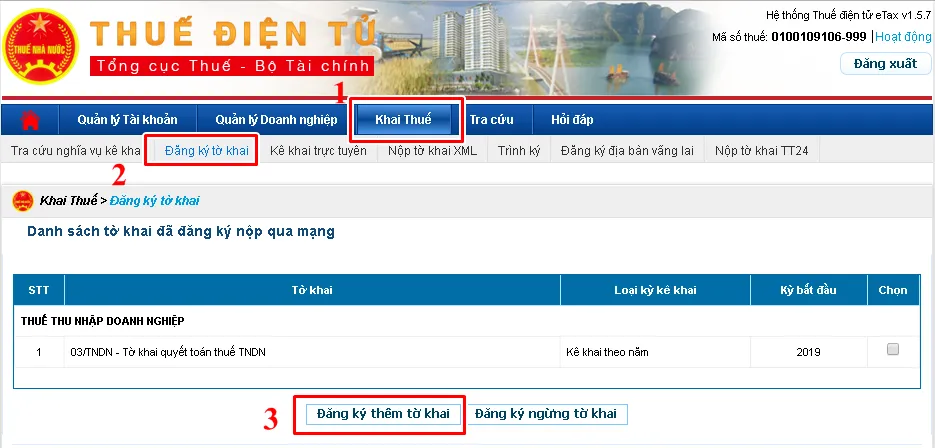 Chọn menu Khai thuế và chức năng Đăng ký tờ khai