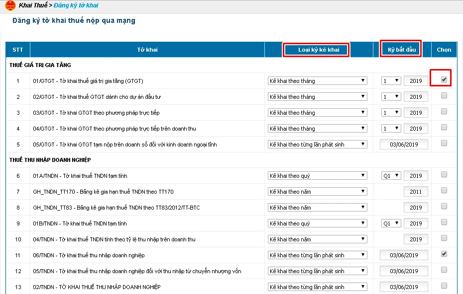 Chọn loại kỳ kê khai và tích chọn tờ khai cần đăng ký