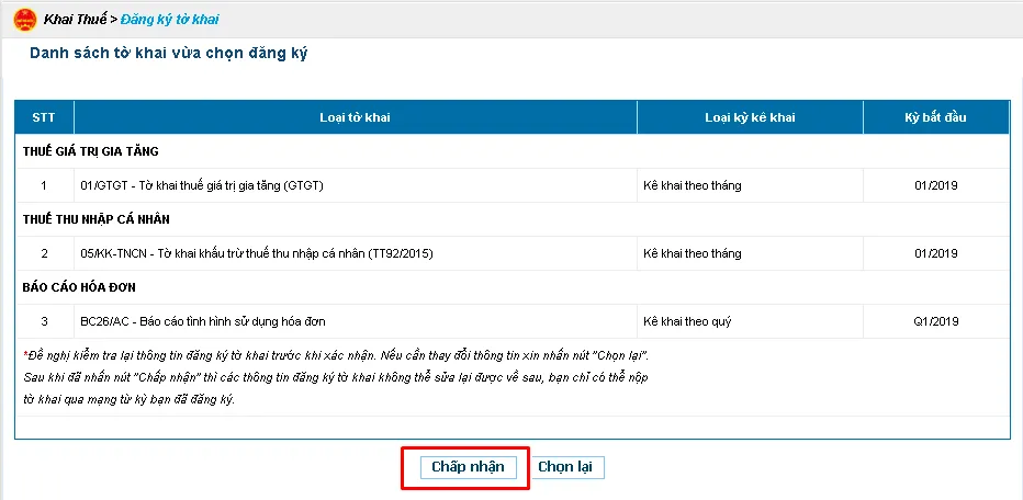 Hoàn thành đăng ký bằng cách nhấn Chấp nhận