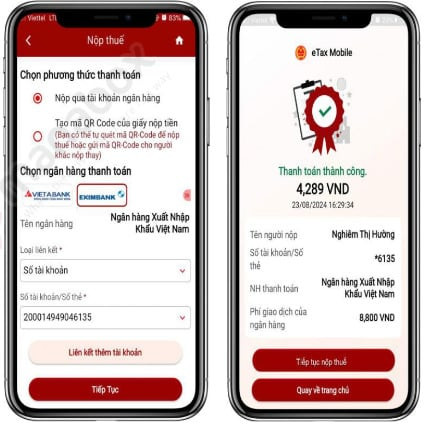 Xác nhận thanh toán thuế thành công trên eTax Mobile