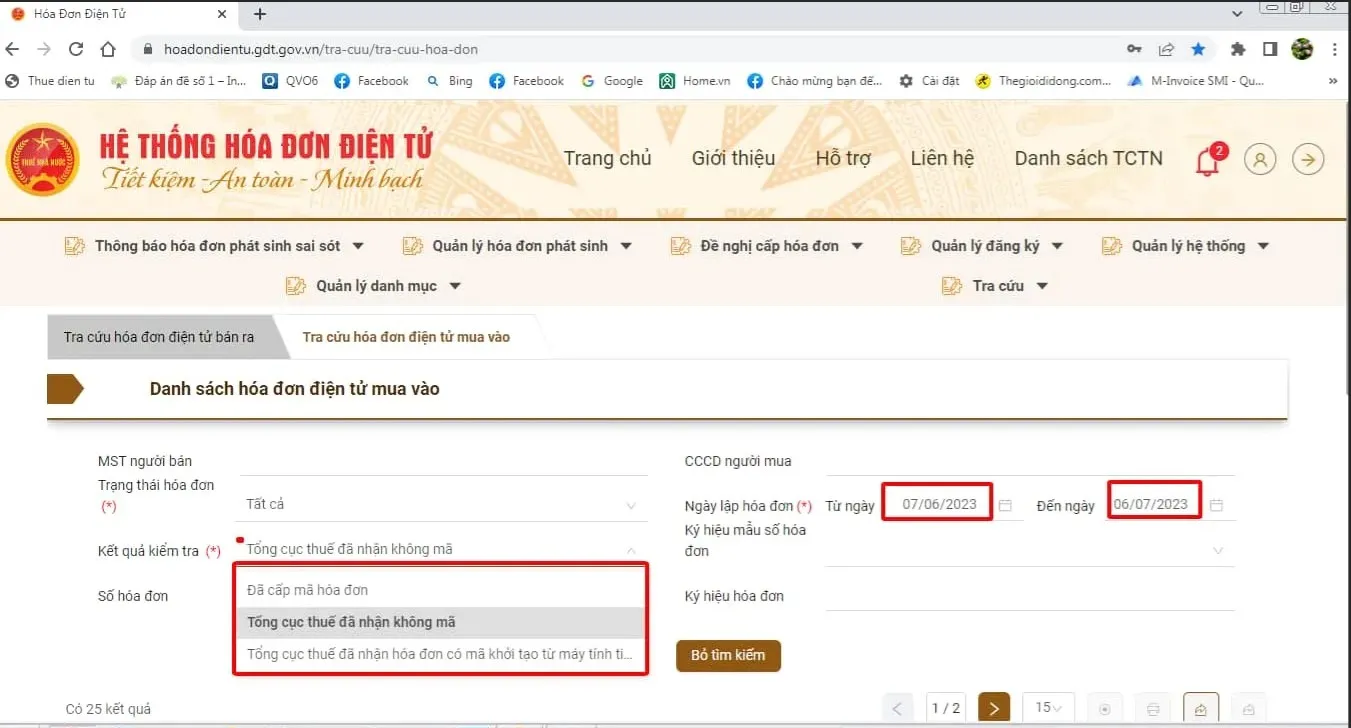 Giao diện tra cứu hóa đơn điện tử không có mã trên Cổng thông tin Tổng cục Thuế