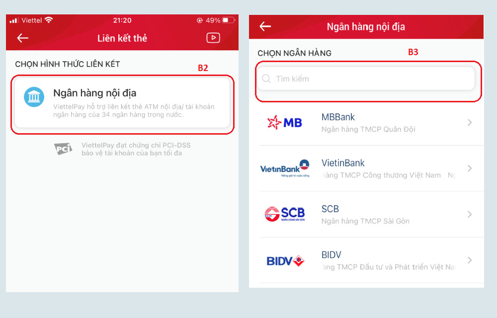Màn hình chọn ngân hàng nội địa để liên kết với Viettel Money