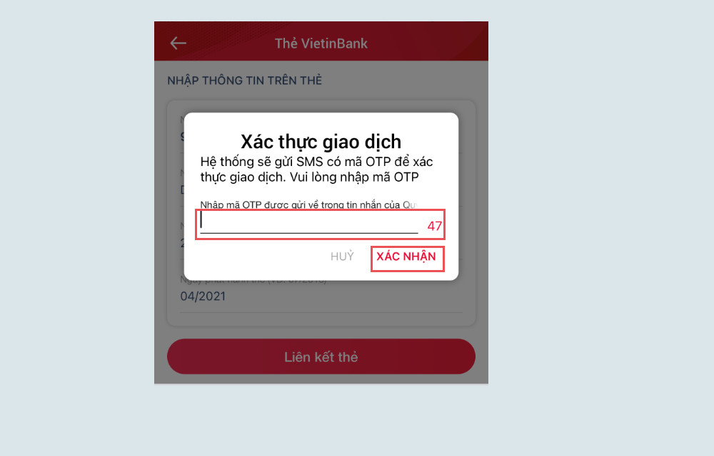 Màn hình nhập mã OTP để xác nhận liên kết tài khoản ngân hàng với Viettel Money