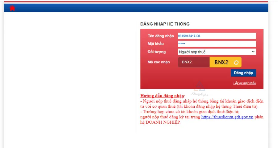 Nhập thông tin đăng nhập tài khoản doanh nghiệp trên Thuế điện tử