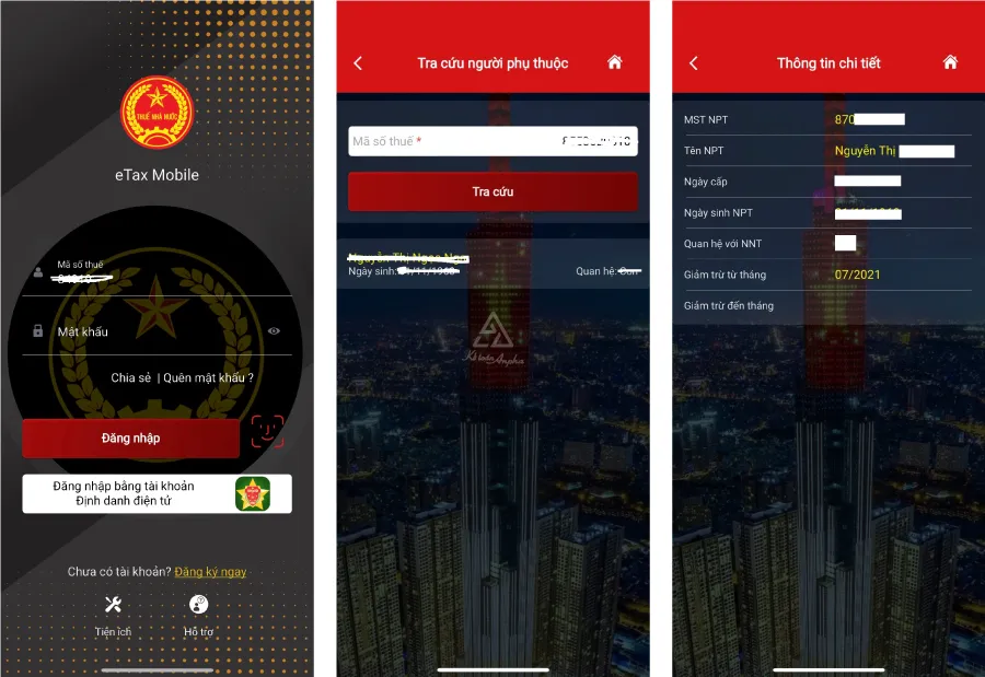 Giao diện tra cứu thông tin người phụ thuộc trên ứng dụng Etax Mobile