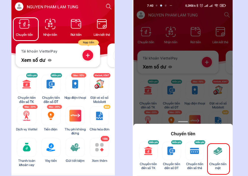 Màn hình chính của Viettel Money với tùy chọn &quot;Chuyển tiền mặt&quot; được khoanh đỏ