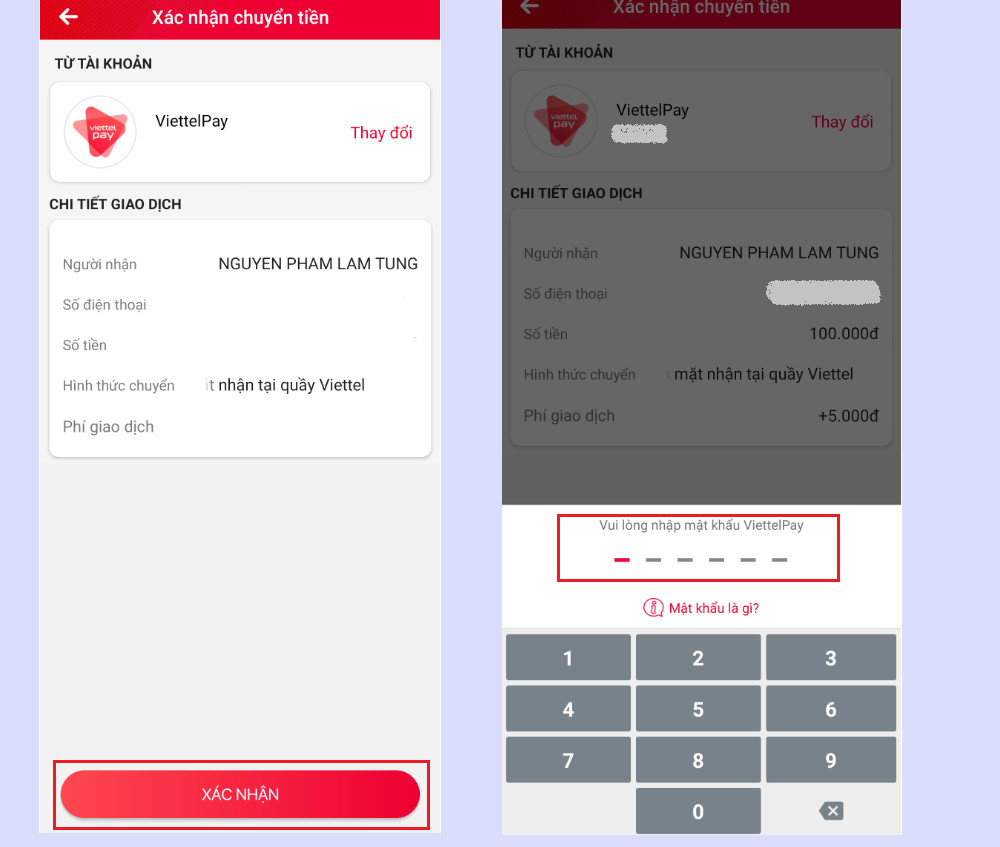 Màn hình xác nhận giao dịch chuyển tiền mặt và nhập mật khẩu, OTP