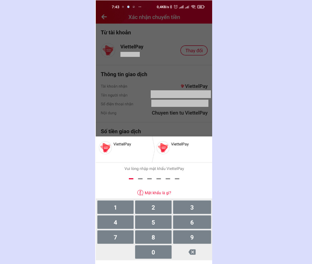 Màn hình nhập mật khẩu Viettel Money và mã OTP để xác nhận chuyển tiền