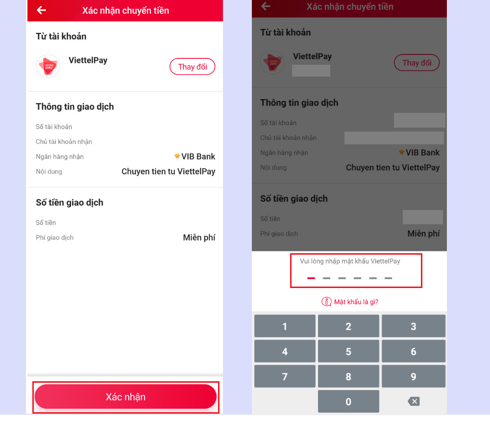 Màn hình xác nhận chuyển tiền và nhập mật khẩu, OTP để hoàn tất giao dịch