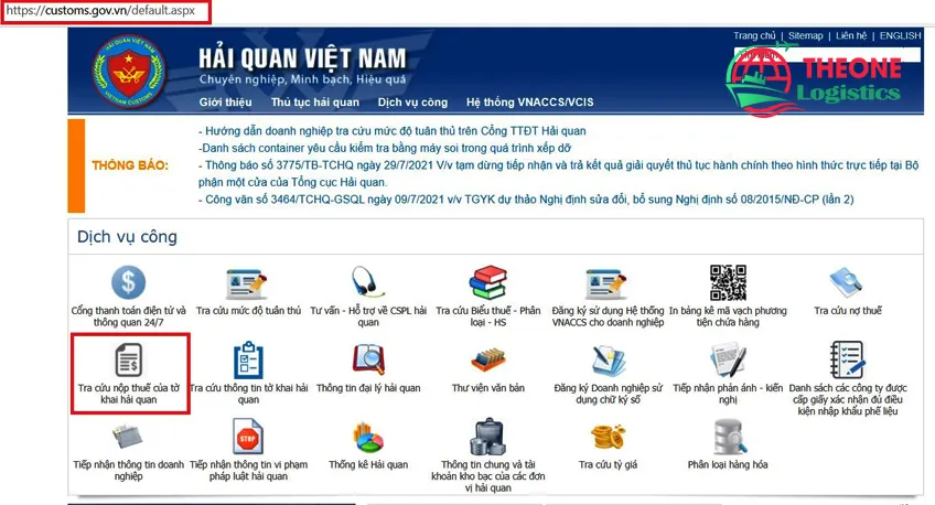 Giao diện trang chủ Cổng thông tin điện tử Tổng cục Hải quan Việt Nam để tra cứu nộp thuế tờ khai