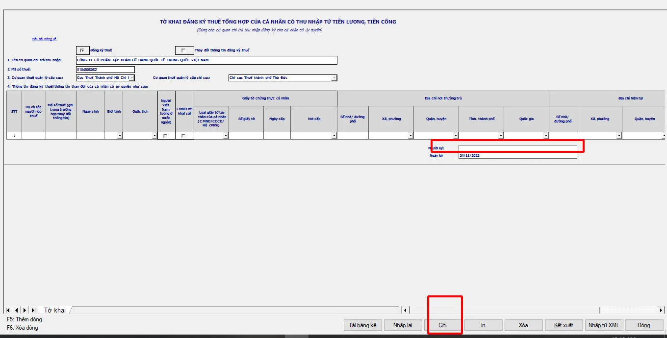 Điền tên người ký và kết xuất file XML tờ khai đăng ký MST
