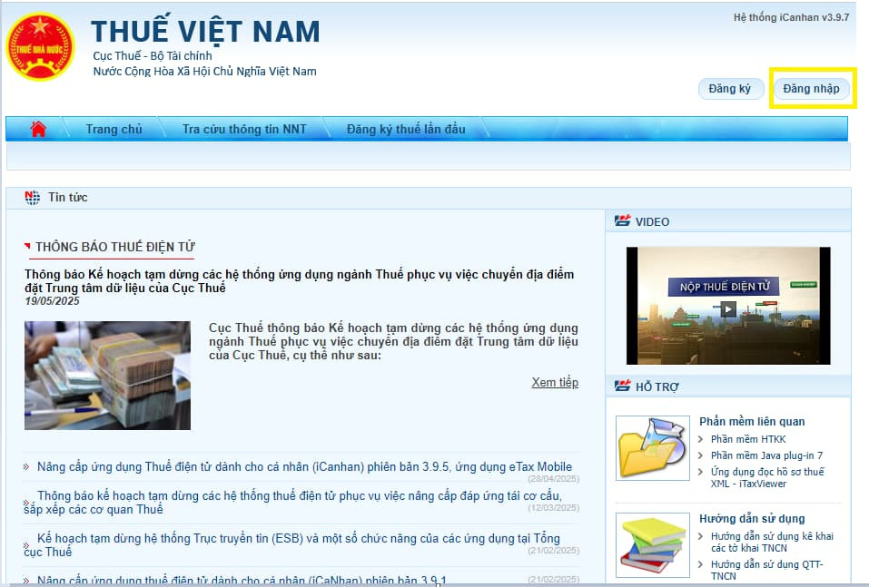 Cổng Thuế điện tử: Màn hình đăng nhập tài khoản thuế cá nhân