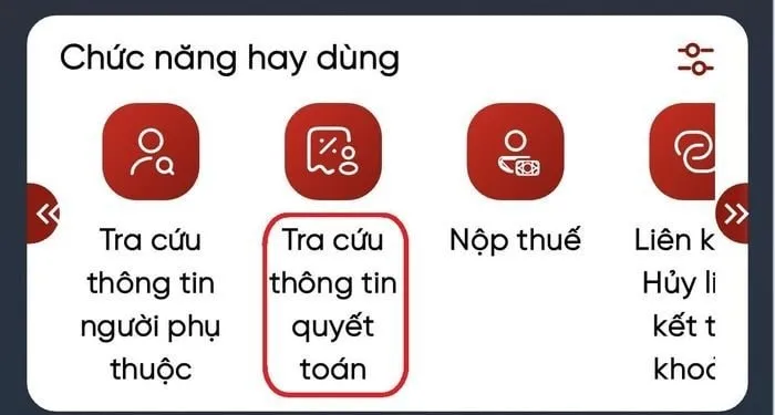 Màn hình ứng dụng eTax Mobile hiển thị mục tra cứu thông tin quyết toán thuế