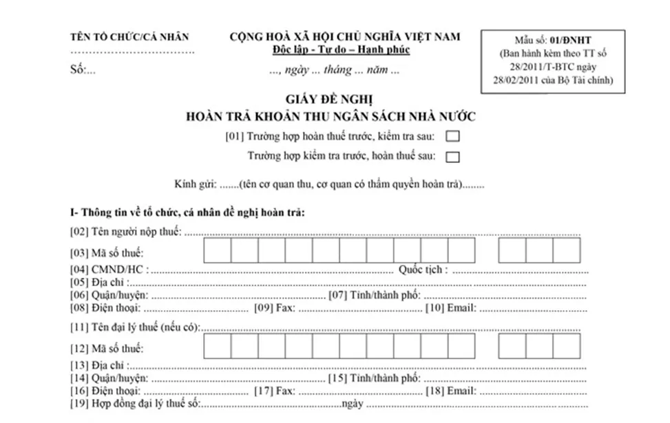 Mẫu tờ khai đề nghị hoàn thuế thu nhập cá nhân số 01/DNHT