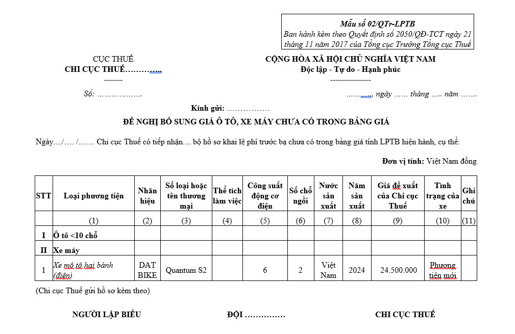 Hướng dẫn điền thông tin người đề nghị trong Mẫu đề nghị bổ sung giá xe