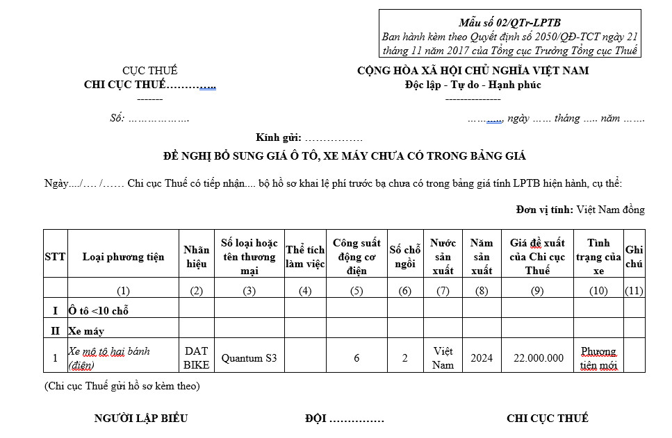 Chi tiết cách khai báo thông tin xe máy trong Mẫu đề nghị bổ sung giá tính lệ phí