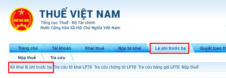 Chọn mục Kê khai lệ phí trước bạ trên Cổng Thuế Việt Nam