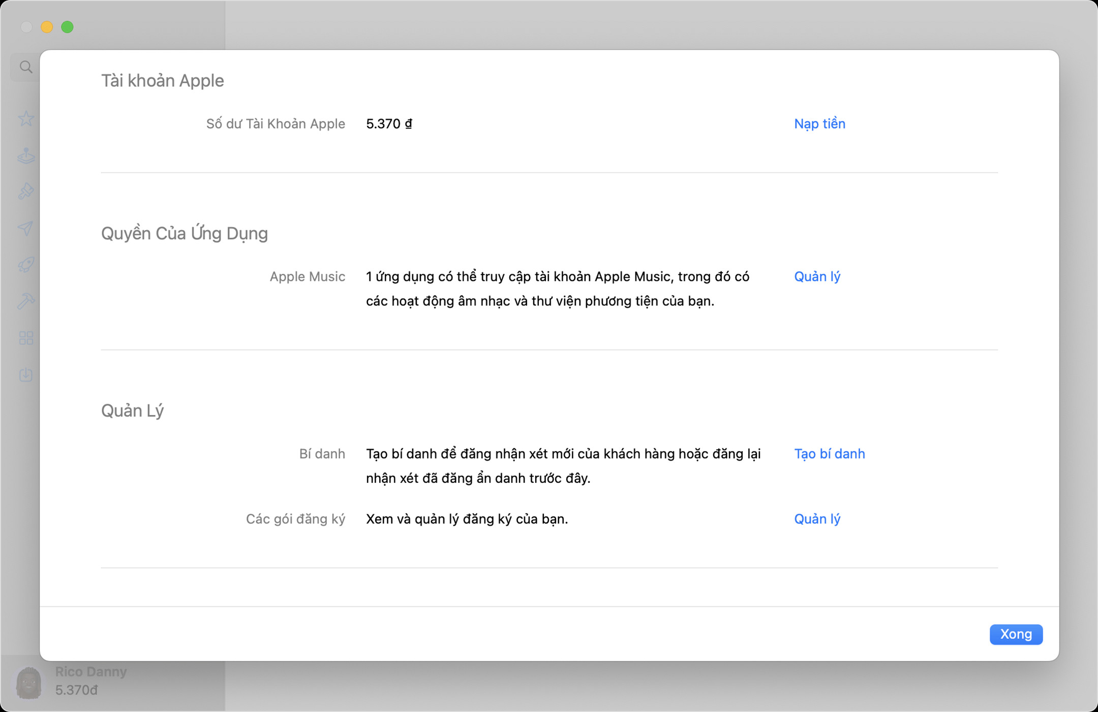 Trang Thông tin tài khoản trong App Store trên macOS, cho phép người dùng nạp tiền vào số dư Apple để thanh toán các giao dịch