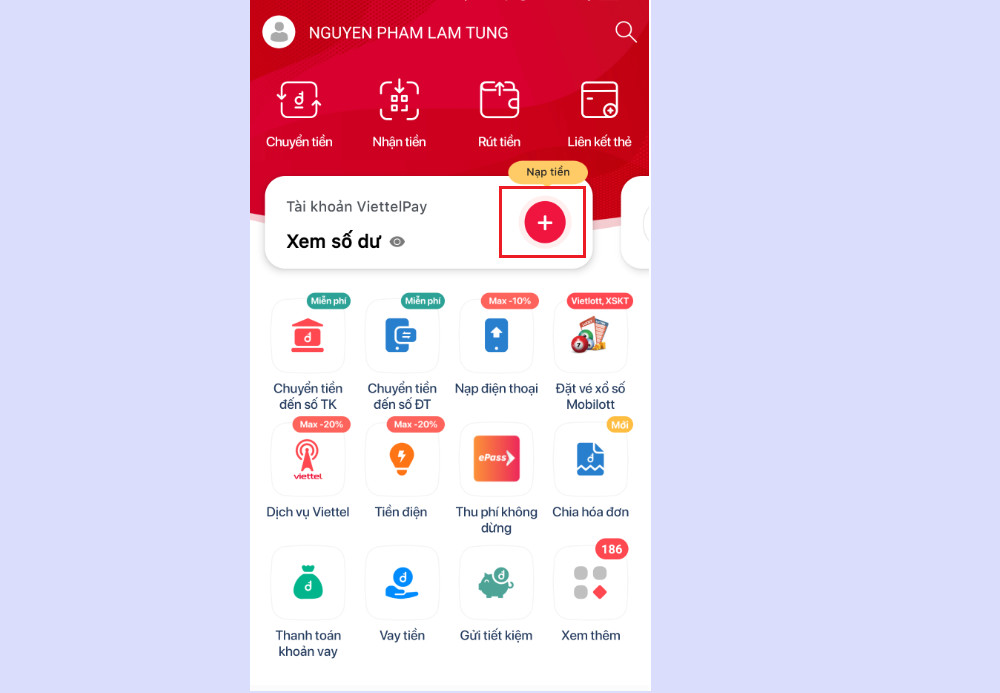Màn hình chính của Viettel Money với tùy chọn &quot;Nạp tiền&quot; được khoanh đỏ