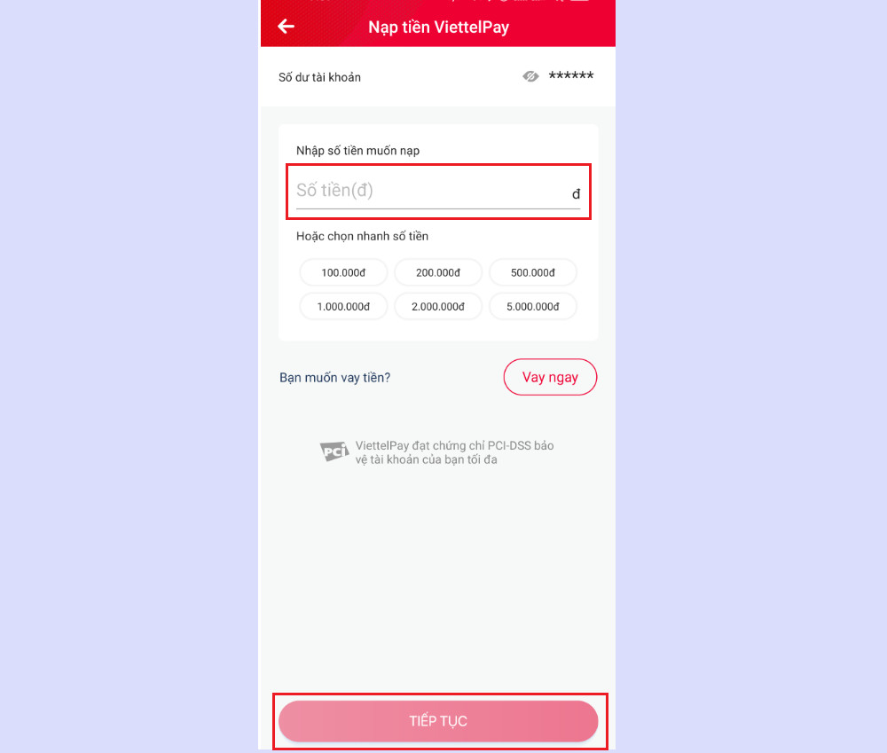 Giao diện nhập số tiền cần nạp vào Viettel Money