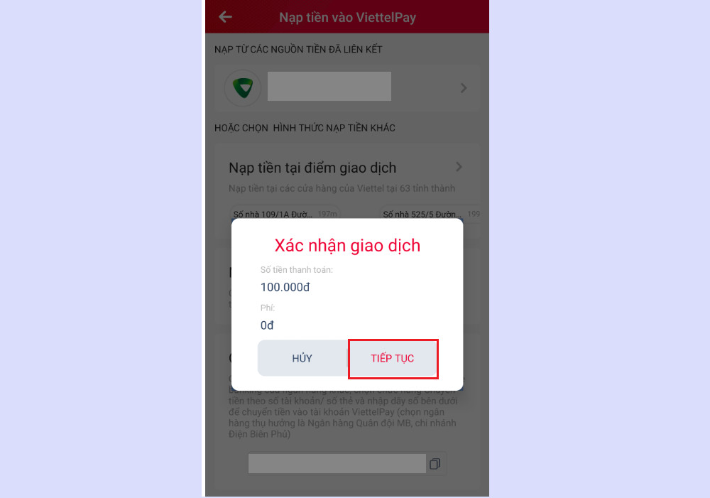 Màn hình xác nhận giao dịch nạp tiền vào Viettel Money