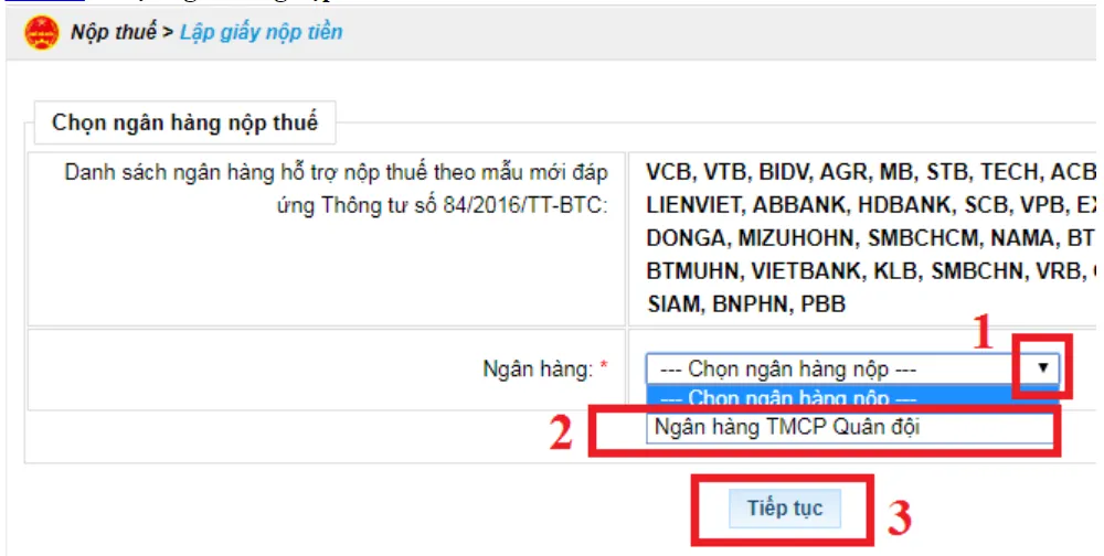 Chọn ngân hàng hỗ trợ nộp thuế điện tử