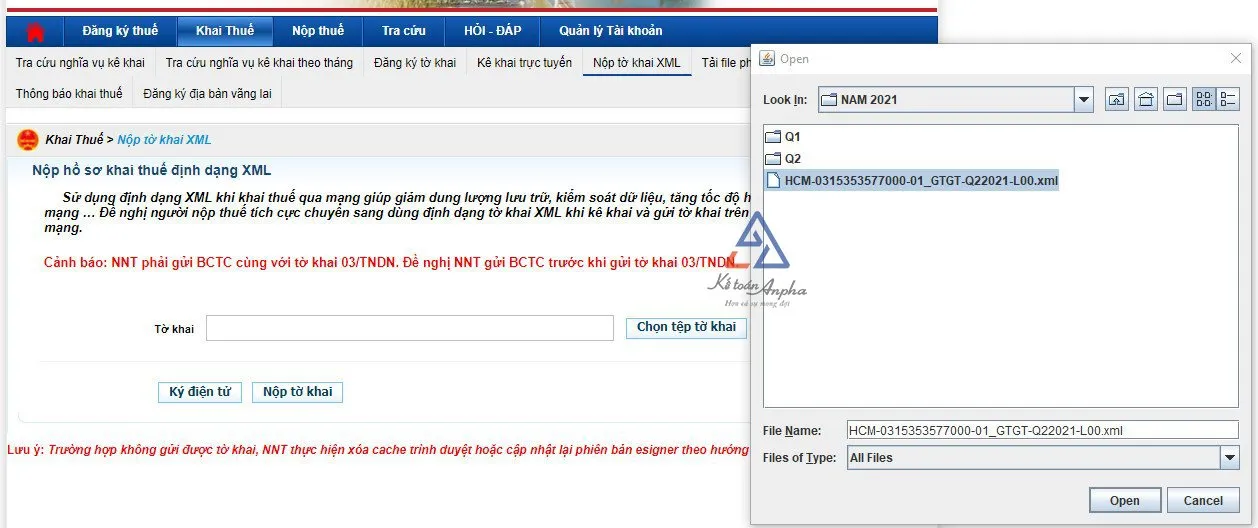 Cửa sổ chọn file tờ khai thuế XML từ máy tính