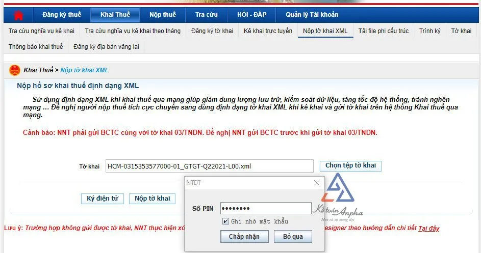 Nhập mã PIN của chữ ký số để ký điện tử tờ khai thuế