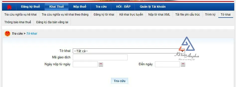 Giao diện tra cứu tờ khai thuế đã nộp trên hệ thống Thuế điện tử