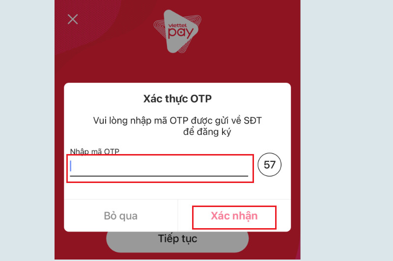 Màn hình nhập mã OTP xác nhận đăng ký tài khoản Viettel Money
