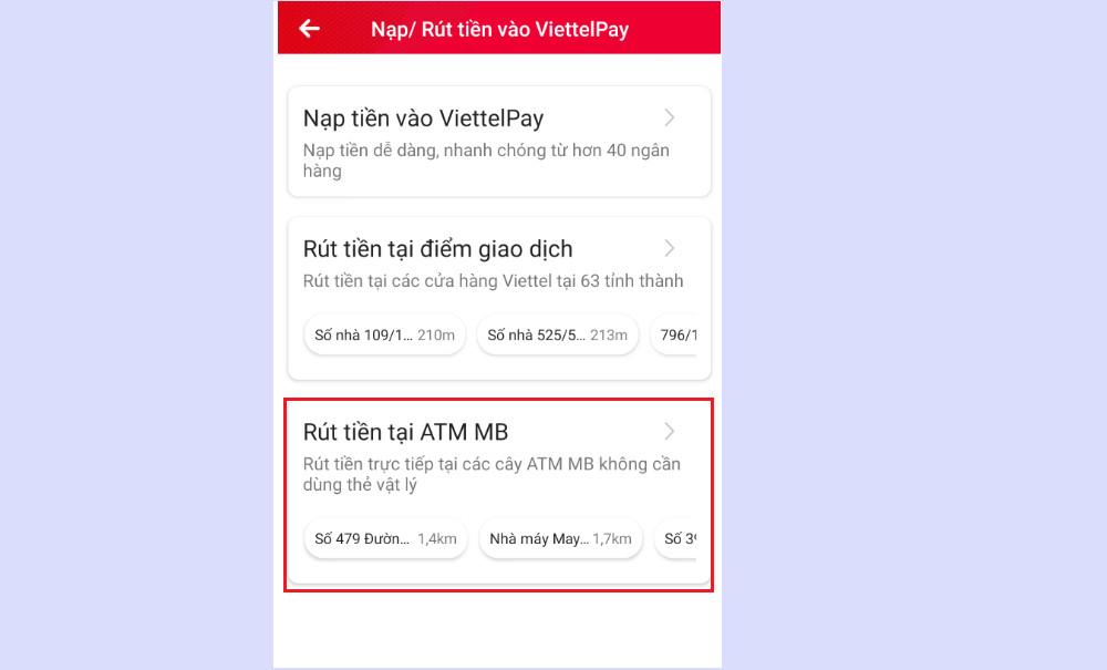 Màn hình lựa chọn hình thức rút tiền tại cây ATM của Viettel Money