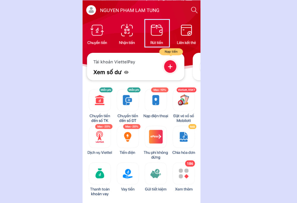 Màn hình chính của Viettel Money với tùy chọn &quot;Rút tiền&quot; được khoanh đỏ