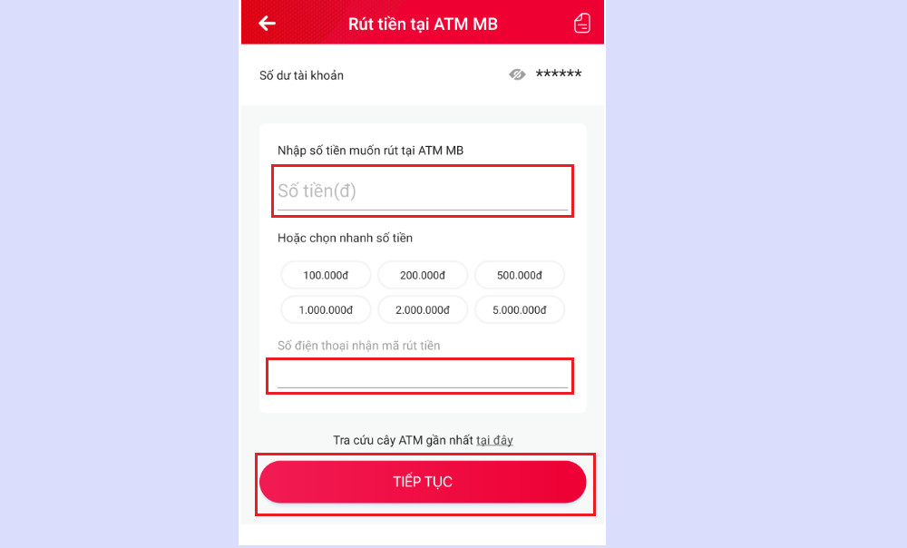 Giao diện nhập số tiền rút và số điện thoại nhận mã rút tiền ATM từ Viettel Money